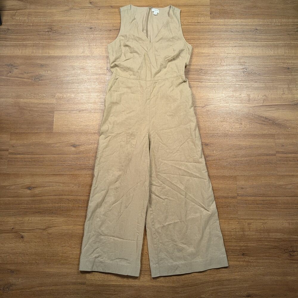 J. Crew V NEck Jumpsuit Women Size 4 Beige Linen Blend Wide Leg Cottagecore